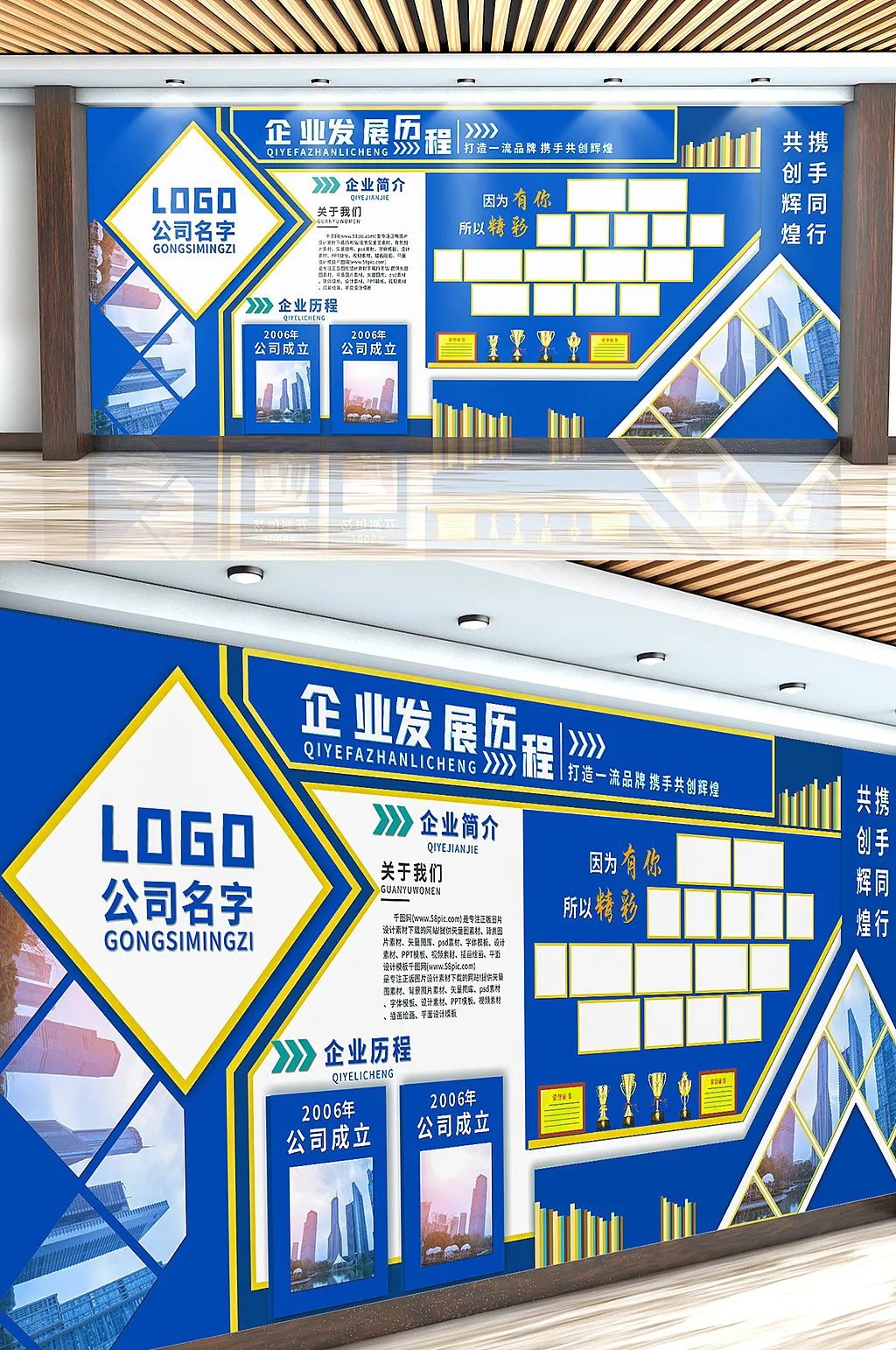 蓝色大气企业发展历程文化墙展板企业文化墙
