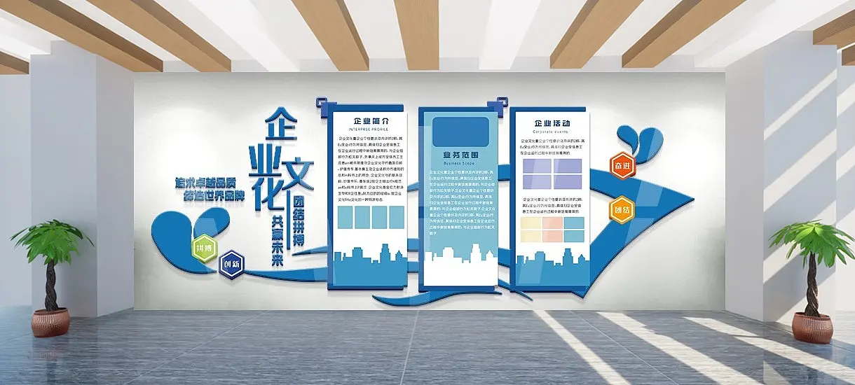蓝色企业发展历程文化墙设计企业文化墙
