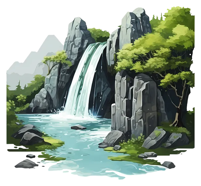 瀑布-山瀑布，有河流、水池、树木、岩石-图巨人
