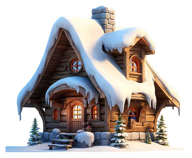 冬季景观—计算机生成的冬季场景，有木屋和雪-图巨人
