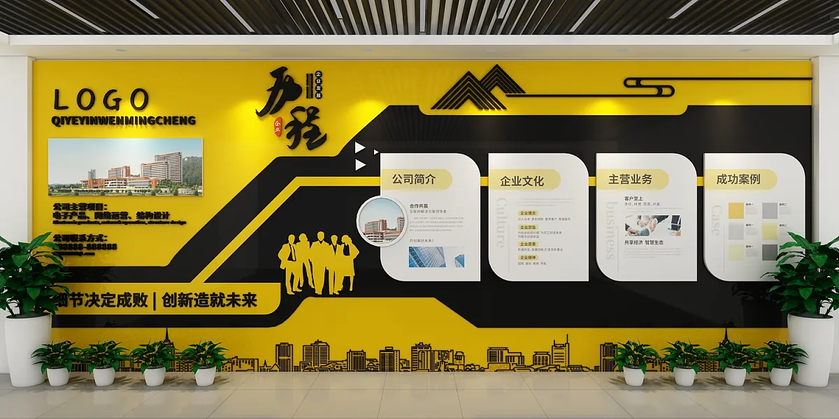 公司黄色黑色企业发展历程文化墙-图巨人