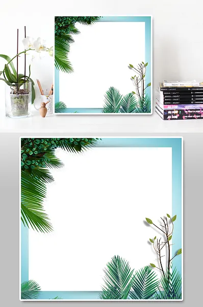 手绘绿色边框植物插画背景-图巨人