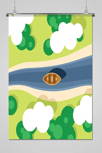 创意手绘插画河边风景背景-图巨人