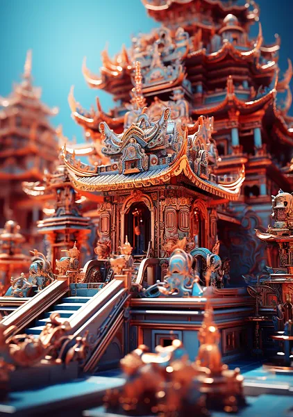 雍和宫，建筑细节清晰，C4D渲染，微观视角，有趣的综合体，充-图巨人