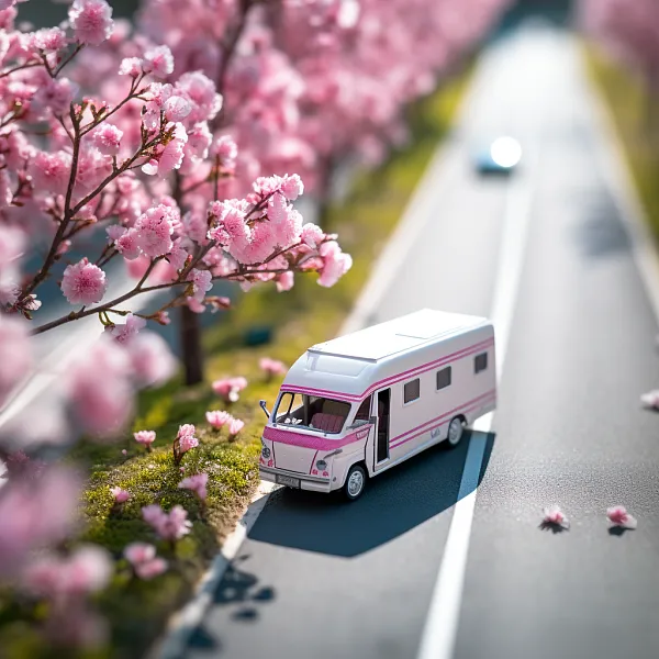 微型世界高速公路上行驶的巨大粉色房车，白粉色樱桃树海报-图巨人