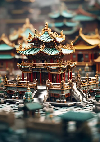 雍和宫，建筑细节清晰，C4D渲染，微观视角，有趣的综合体，充-图巨人