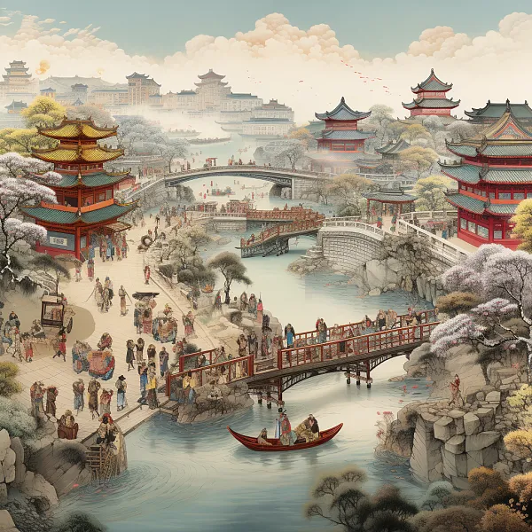 一幅中国画以传统卷轴画的风格，即《清明上河图》的场景，展现了-图巨人