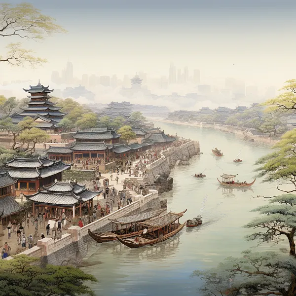 一幅中国画以传统卷轴画的风格，即《清明上河图》的场景，展现了-图巨人