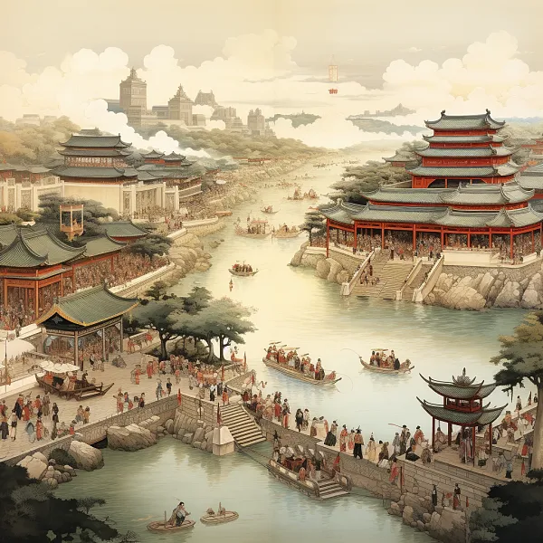 一幅中国画以传统卷轴画的风格，即《清明上河图》的场景，展现了-图巨人