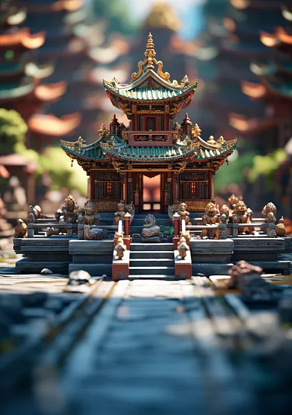 雍和宫，建筑细节清晰，C4D渲染，微观视角，有趣的综合体，充-图巨人