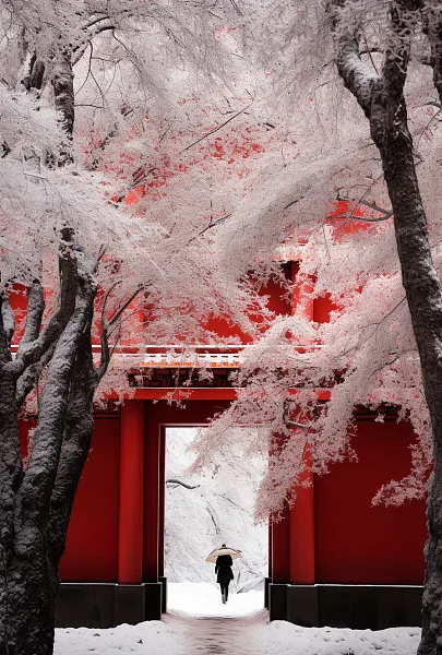 一位亚洲妇女走在白雪覆盖的树木附近佛教宫殿-图巨人