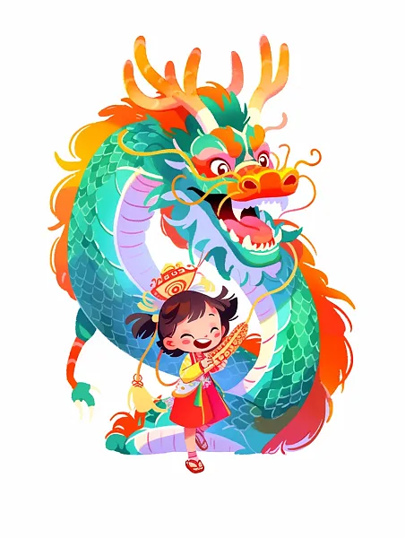 可爱的中国龙和小女孩，中国龙-图巨人