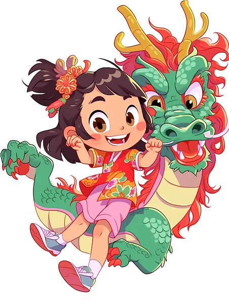 可爱的中国龙和小女孩，中国龙-图巨人