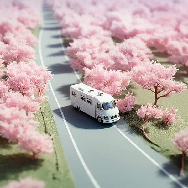 微型世界高速公路上行驶的巨大粉色房车，白粉色樱桃树海报-图巨人