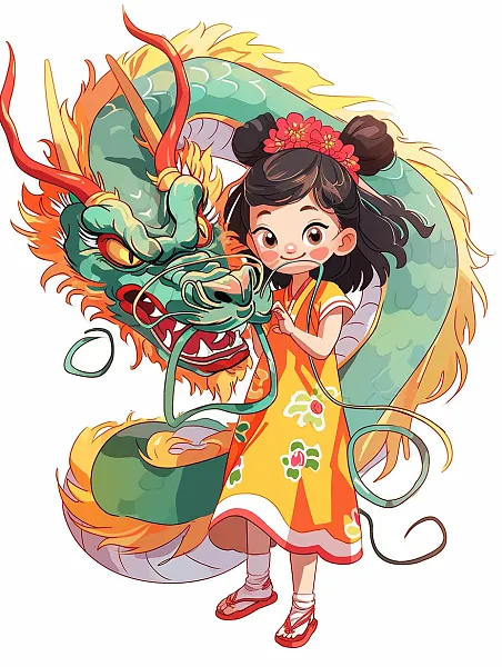 可爱的中国龙和小女孩，中国龙-图巨人