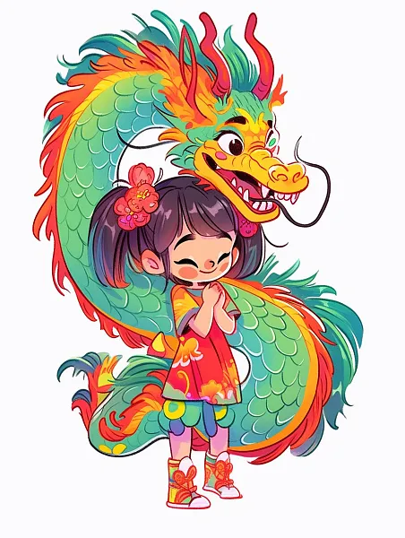 可爱的中国龙和小女孩，中国龙-图巨人