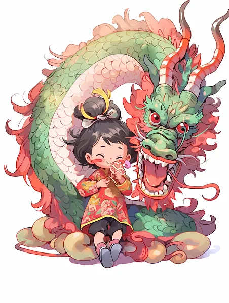 可爱的中国龙和小女孩，中国龙-图巨人