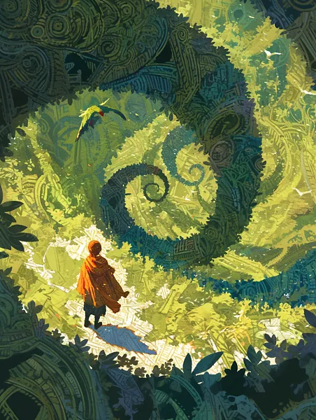 春日场景，女孩走在线性绿树环绕的森林草地上，燕子在天空中飞翔-图巨人