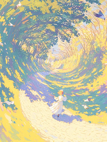 春日场景，女孩走在线性绿树环绕的森林草地上，燕子在天空中飞翔-图巨人