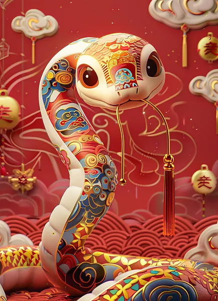 一条农历新年风格的可爱蛇，身上有彩色图案迪士尼皮克斯动画风格-图巨人