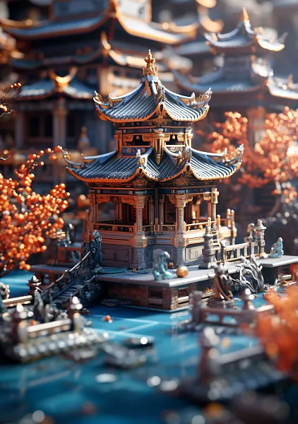 雍和宫，建筑细节清晰，C4D渲染，微观视角，有趣的综合体，充-图巨人