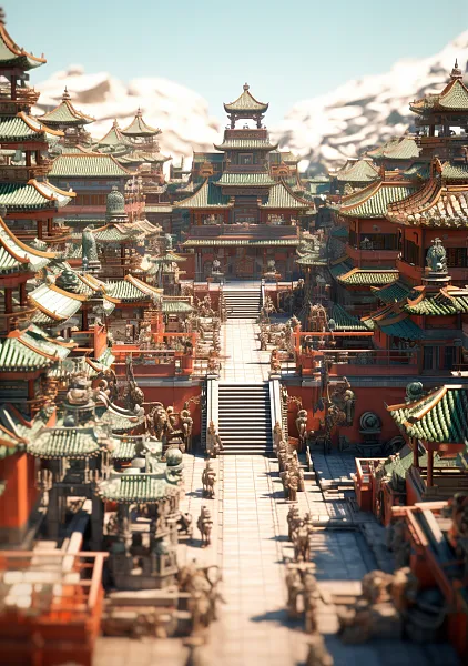 雍和宫，建筑细节清晰，C4D渲染，微观视角，有趣的综合体，充-图巨人