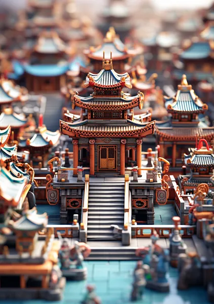 雍和宫，建筑细节清晰，C4D渲染，微观视角，有趣的综合体，充-图巨人