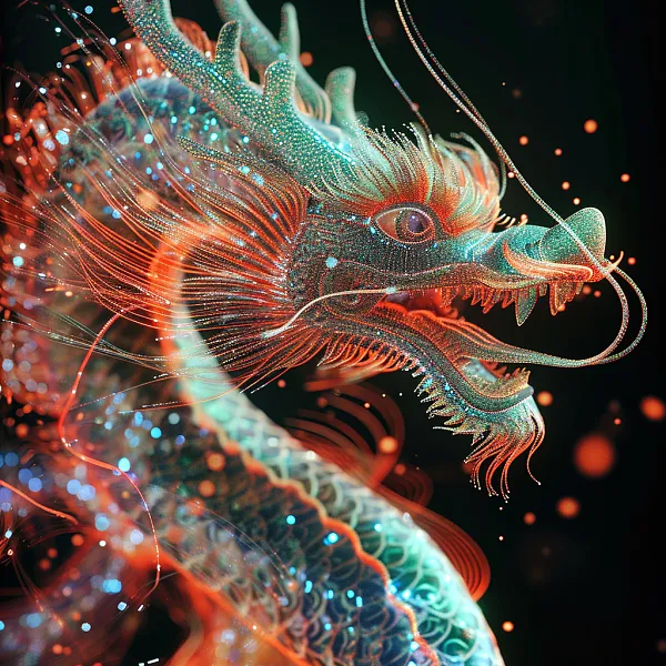中国龙，溶解和消失在粒子中，半透明荧光，发光粒子，光学耀斑，-图巨人