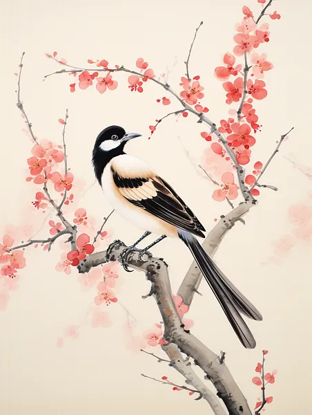 一只喜鹊立在枝头，梅花盛开海报-图巨人