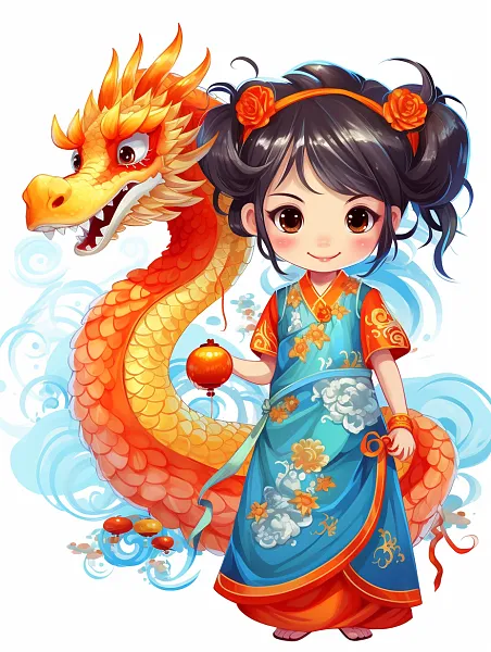 可爱的中国龙和小女孩，中国龙，五颜六色的卡通人物新年-图巨人