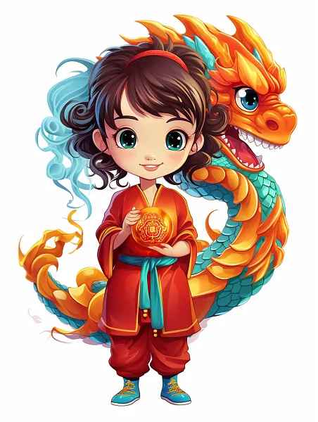 可爱的中国龙和小女孩，中国龙，五颜六色的卡通人物新年-图巨人