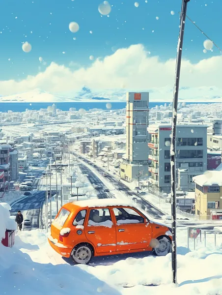 在雪中汽车动态城市海报-图巨人