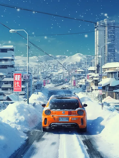 在雪中汽车动态城市海报-图巨人