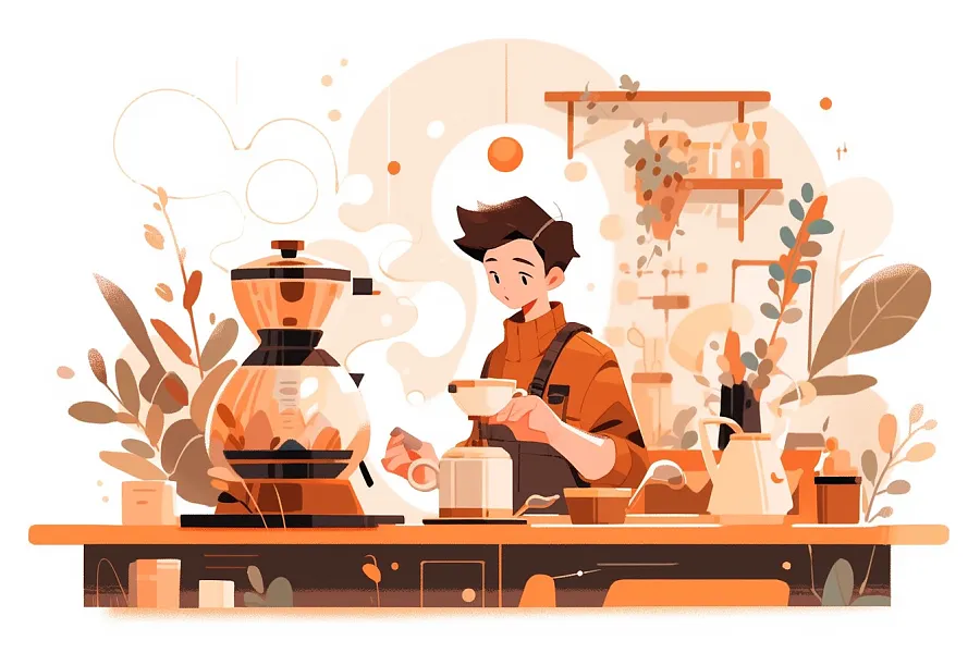 一个男孩在咖啡店煮咖啡，平面插图-图巨人