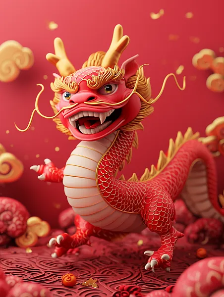 一个红色逗人喜爱和愉快的中国龙的3D浮雕祥云海报-图巨人