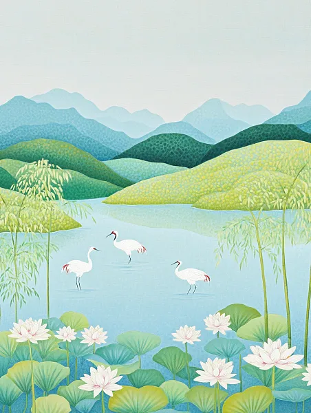 荷花池、景泰蓝、竹子、鹤、丰富的自然风光、工笔画、新中国风、-图巨人