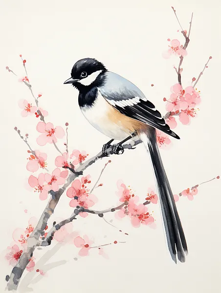 一只喜鹊立在枝头，梅花盛开海报-图巨人