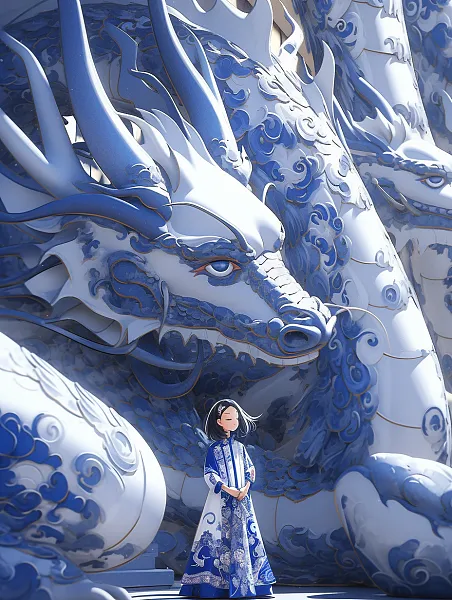 青花瓷龙前站着一位中国小美女，锡箔金，身穿华丽汉服，锡箔金白-图巨人