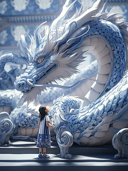 青花瓷龙前站着一位中国小美女，锡箔金，身穿华丽汉服，锡箔金白-图巨人