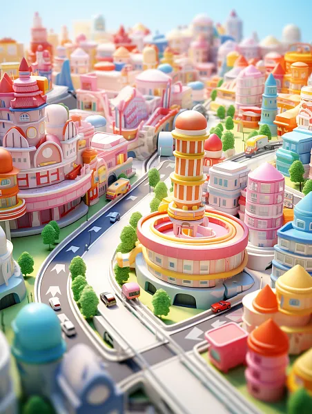 微型城市现代建筑动画片粘土材料3D渲染海报-图巨人