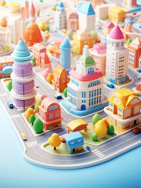 微型城市现代建筑动画片粘土材料3D渲染海报-图巨人