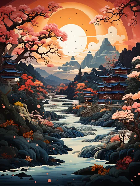 一幅展示河流、中国古代村落、中国古代建筑的油画，设计风格俏皮-图巨人