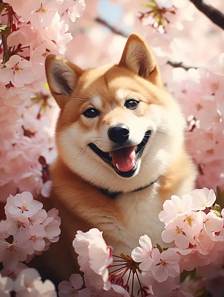一个可爱的柴犬狗微笑，坐在樱花下粉彩的颜色，与超现实的摄影。-图巨人