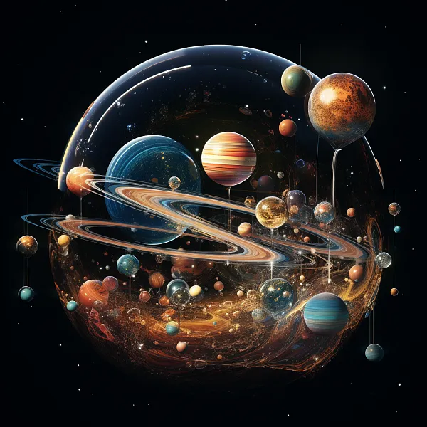 太阳系中的行星漂浮在一个由玻璃球组成的抽象球体内的3D插图，-图巨人