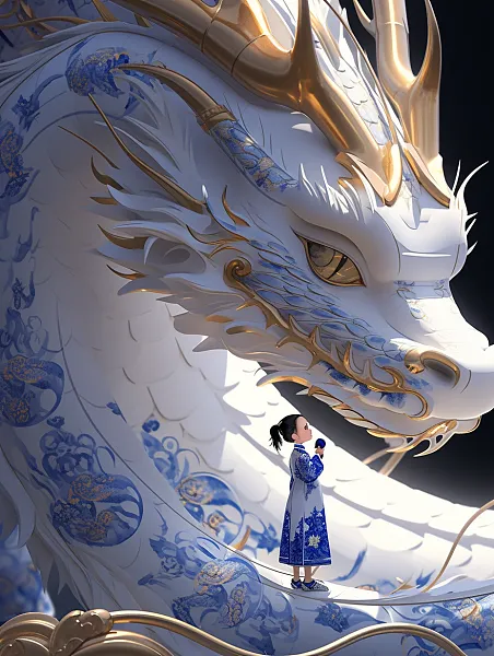 青花瓷龙前站着一位中国小美女，锡箔金，身穿华丽汉服，锡箔金白-图巨人