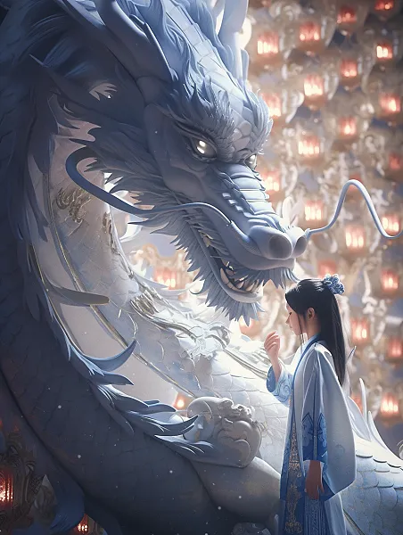 青花瓷龙前站着一位中国小美女，锡箔金，身穿华丽汉服，锡箔金白-图巨人