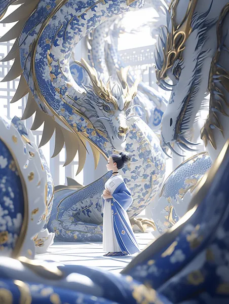 青花瓷龙前站着一位中国小美女，锡箔金，身穿华丽汉服，锡箔金白-图巨人