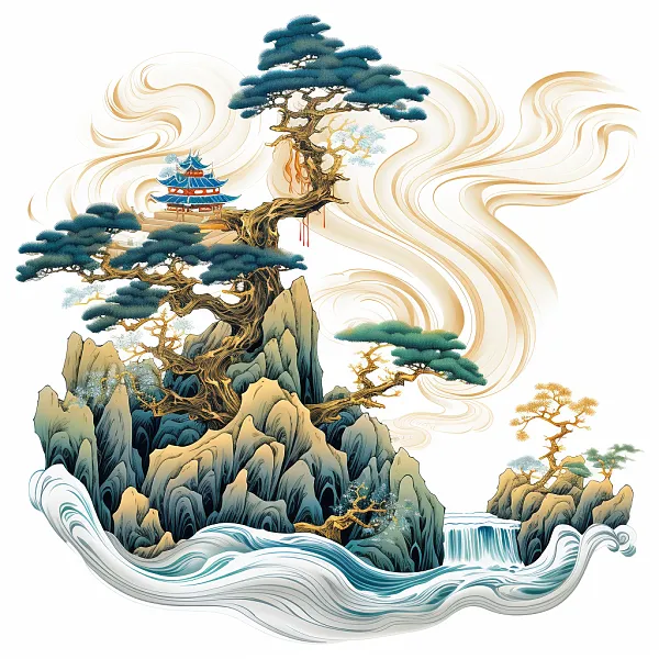 中国刺绣工艺金蓝绿山亭树、艺术创作、瀑布、纹理、极简色彩场、-图巨人