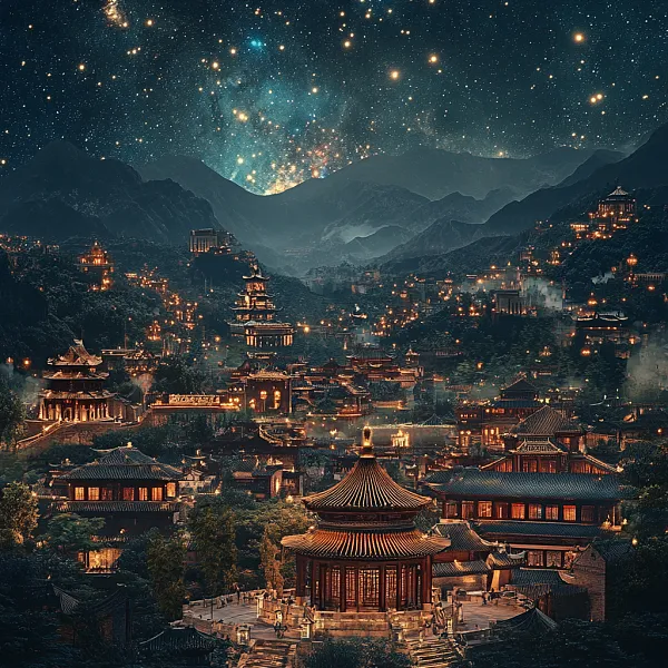 一座具有中国传统美学风格的城市，以星空和群山为背景，古老建筑-图巨人