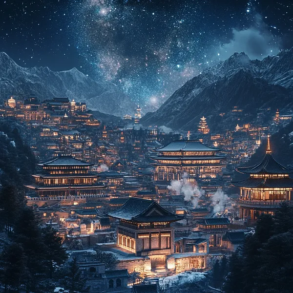 一座具有中国传统美学风格的城市，以星空和群山为背景，古老建筑-图巨人